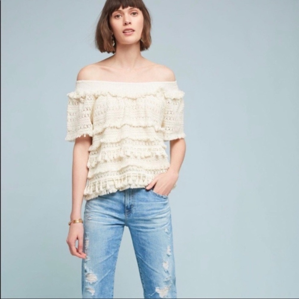 Anthropologie Love Sam Cream Tassel Off the Shoulder Top